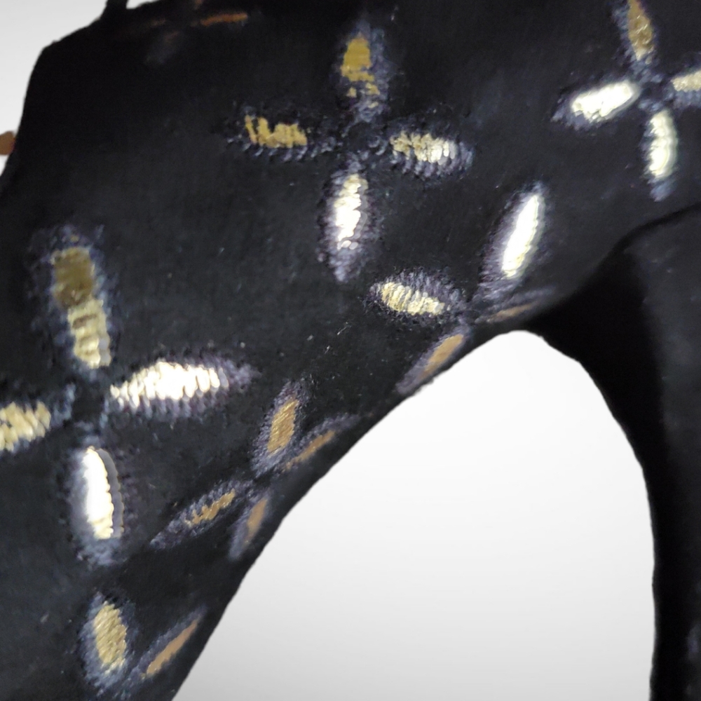 ALAIA |New in Box Black Suede w/Metallic Gold Floral Trim Open Toe Pumps S… - Picture 10 of 16